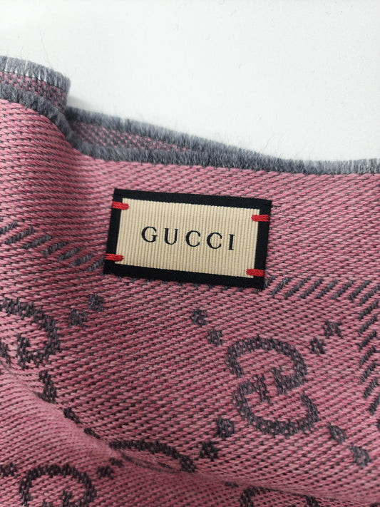 GUCCI Lana Wool Jacquard Monogram Fringe Scarf Graphite Pink - One Size