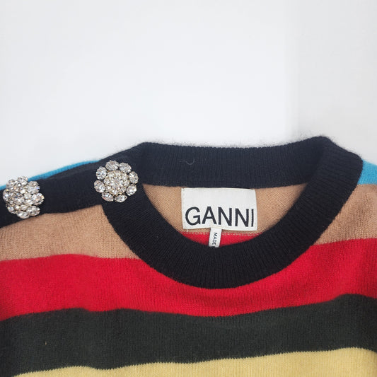Ganni Women's Crystal Button Stripe Cashmere Jumper - Size XS