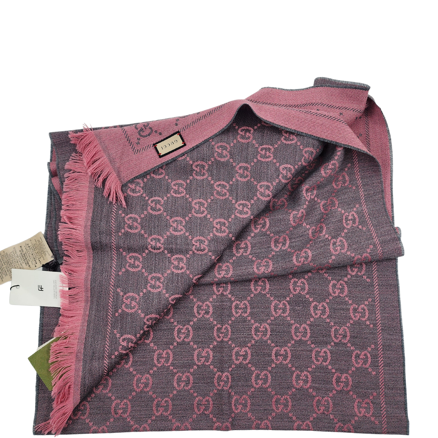 GUCCI Lana Wool Jacquard Monogram Fringe Scarf Graphite Pink - One Size