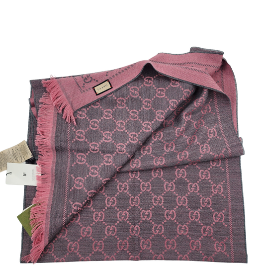 GUCCI Lana Wool Jacquard Monogram Fringe Scarf Graphite Pink - One Size