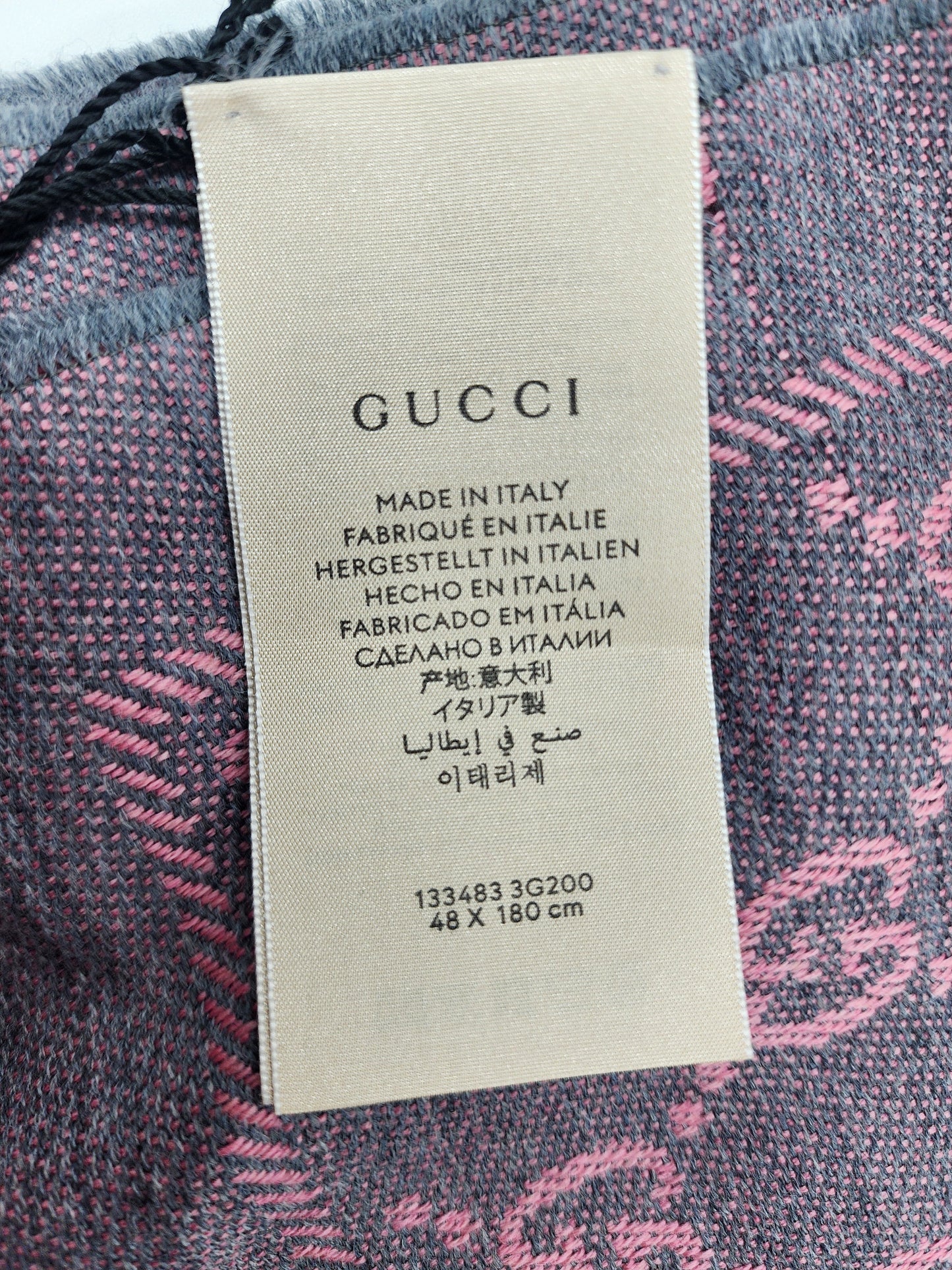 GUCCI Lana Wool Jacquard Monogram Fringe Scarf Graphite Pink - One Size