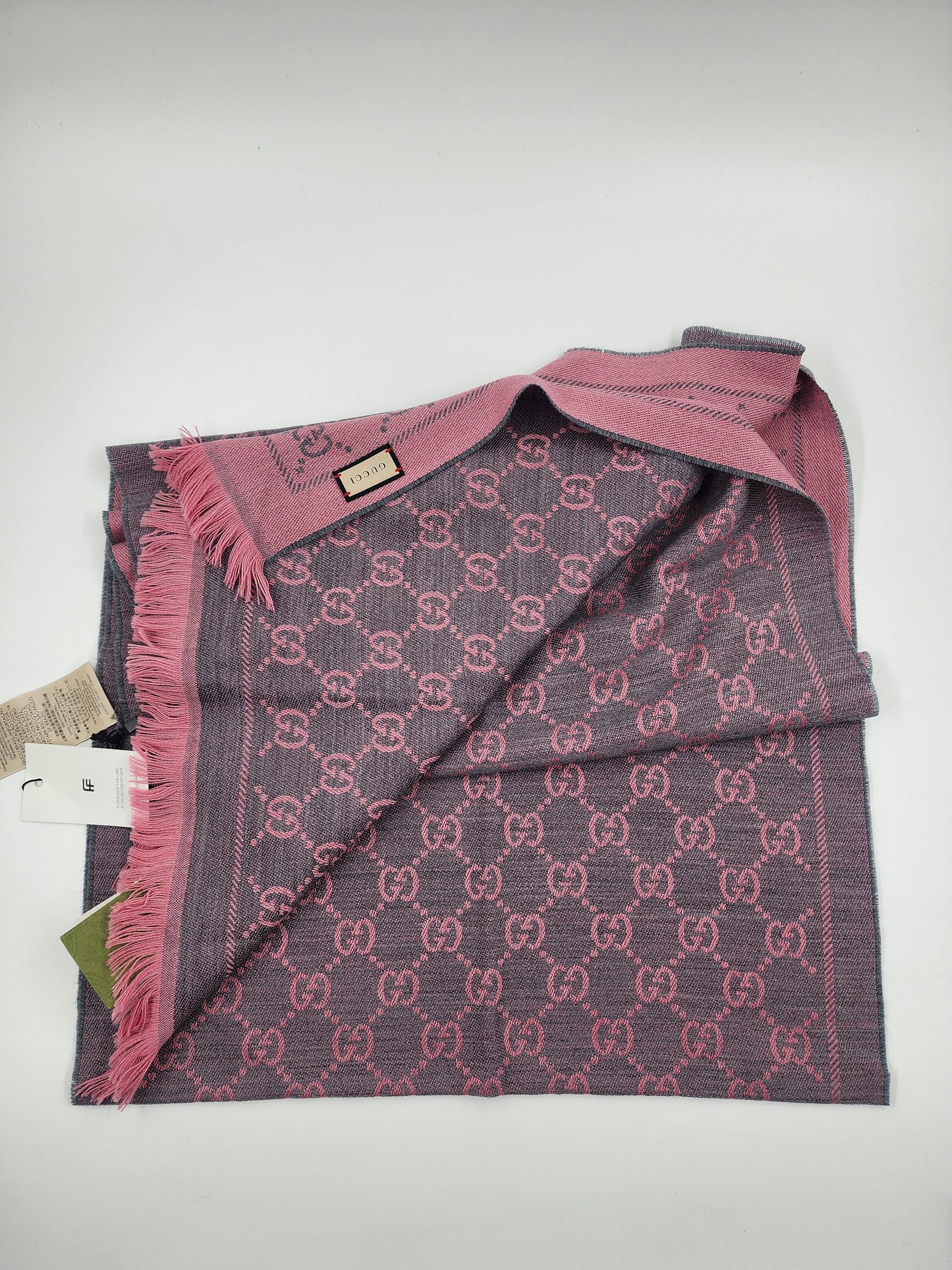 GUCCI Lana Wool Jacquard Monogram Fringe Scarf Graphite Pink - One Size
