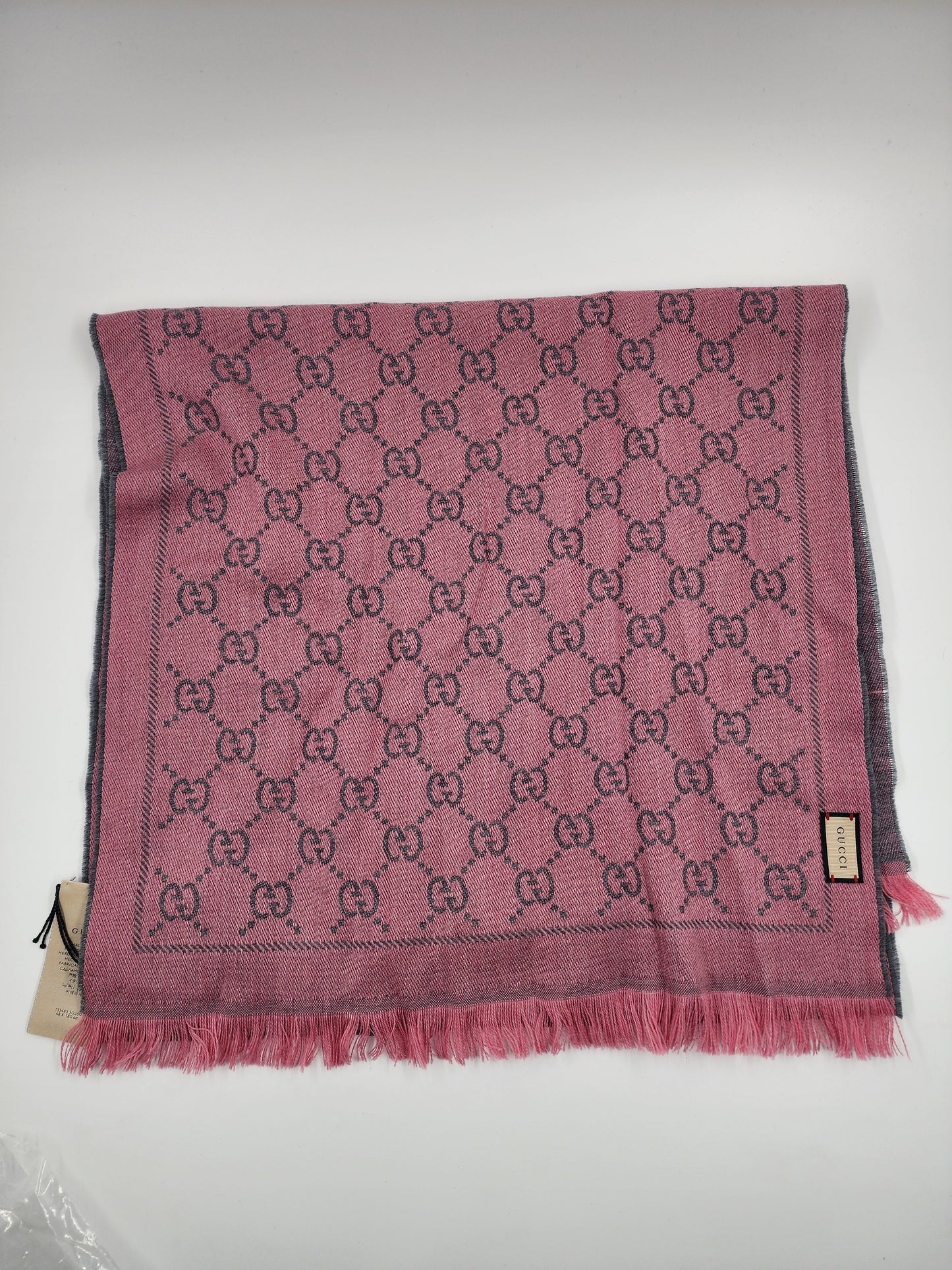 GUCCI Lana Wool Jacquard Monogram Fringe Scarf Graphite Pink - One Size