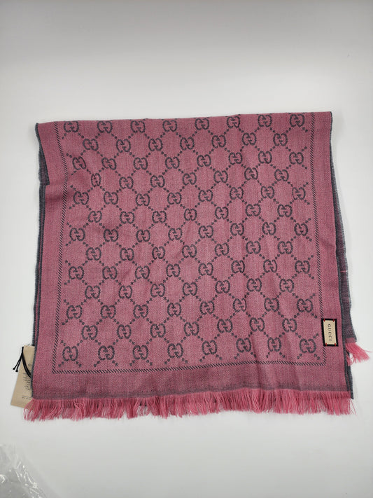 GUCCI Lana Wool Jacquard Monogram Fringe Scarf Graphite Pink - One Size