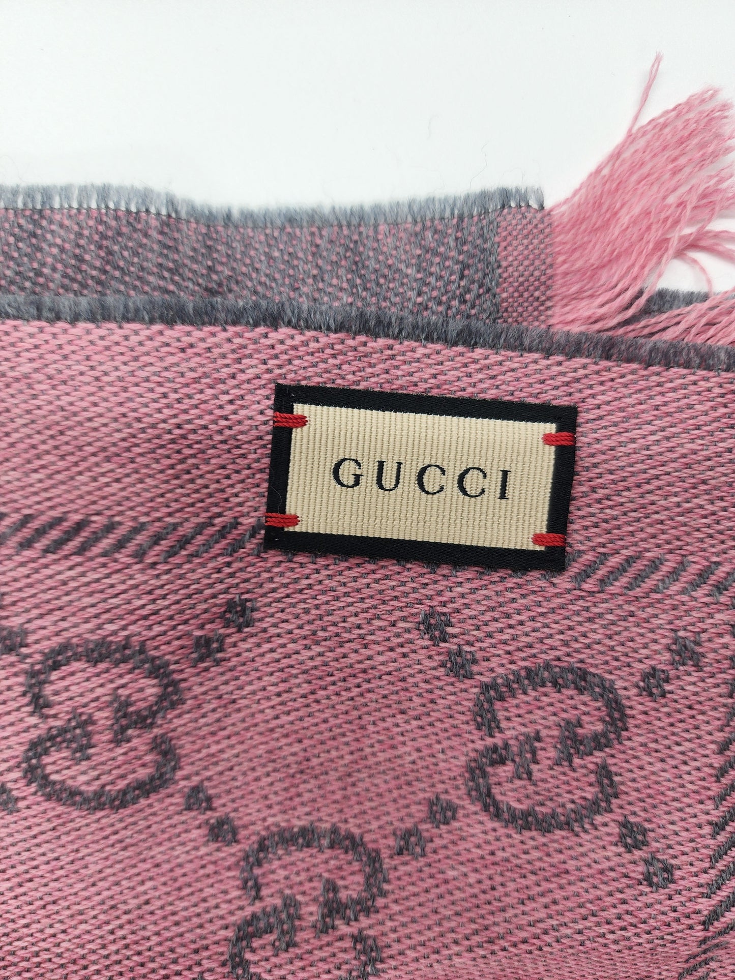 GUCCI Lana Wool Jacquard Monogram Fringe Scarf Graphite Pink - One Size