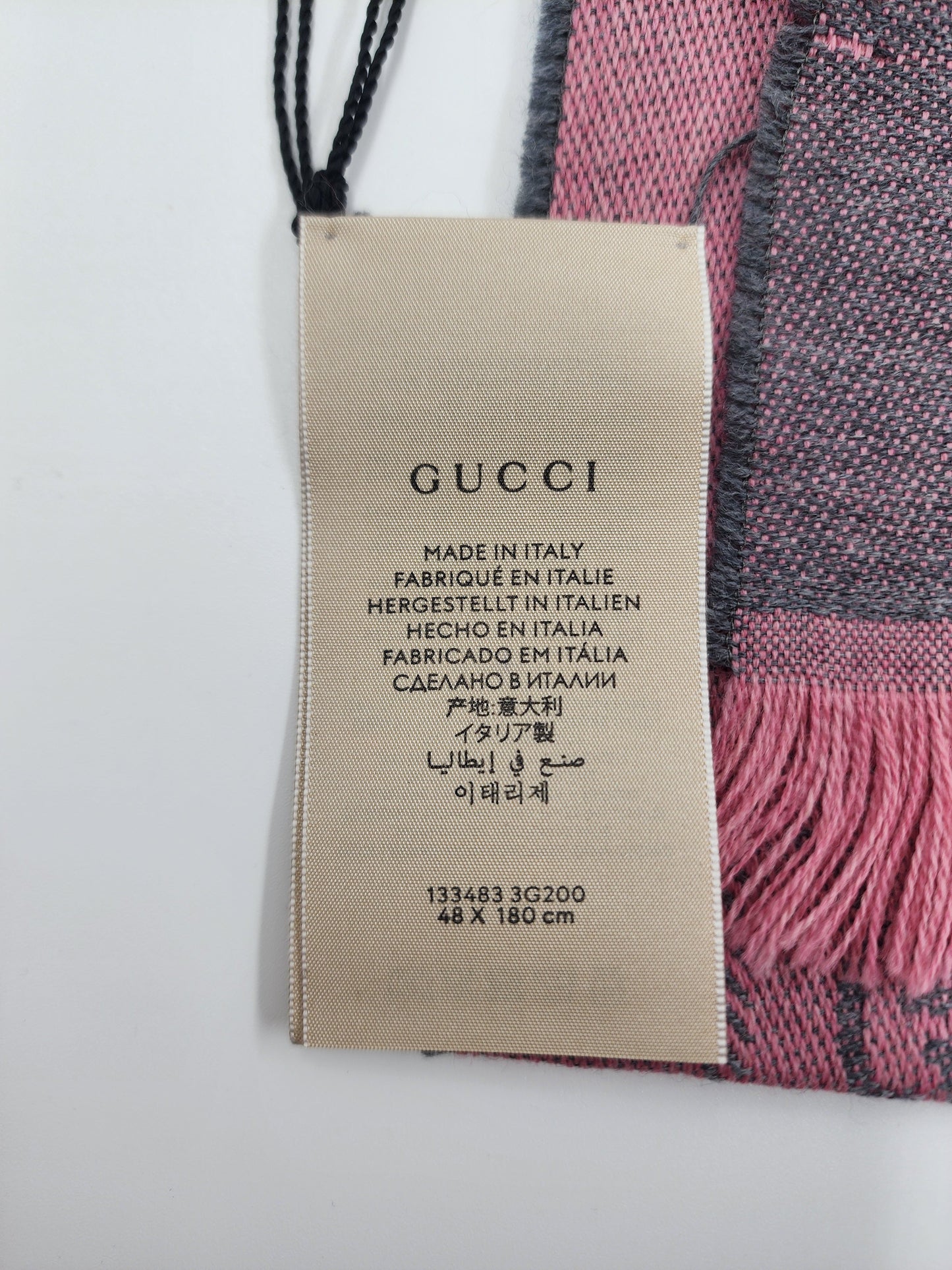 GUCCI Lana Wool Jacquard Monogram Fringe Scarf Graphite Pink - One Size