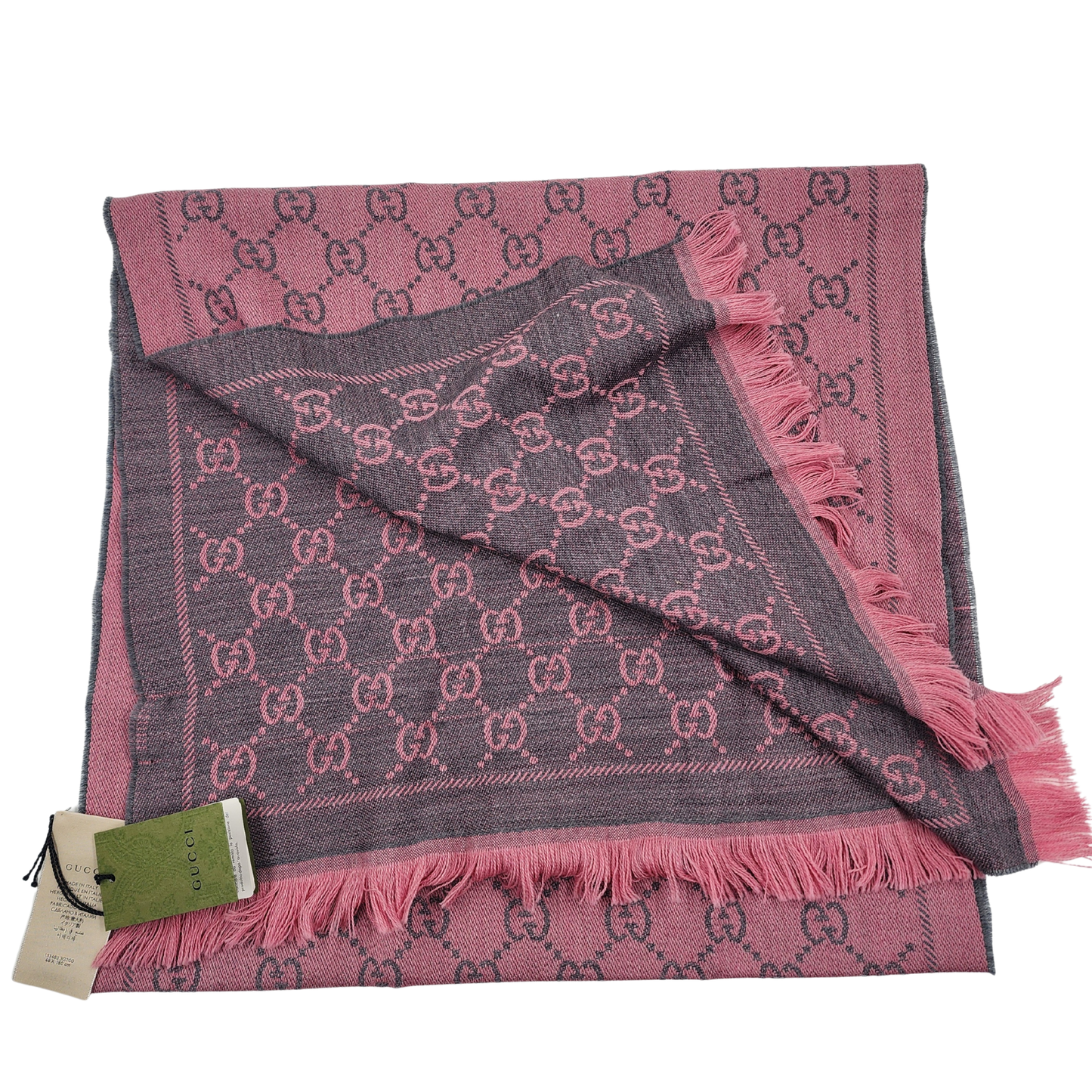 GUCCI Lana Wool Jacquard Monogram Fringe Scarf Graphite Pink - One Size