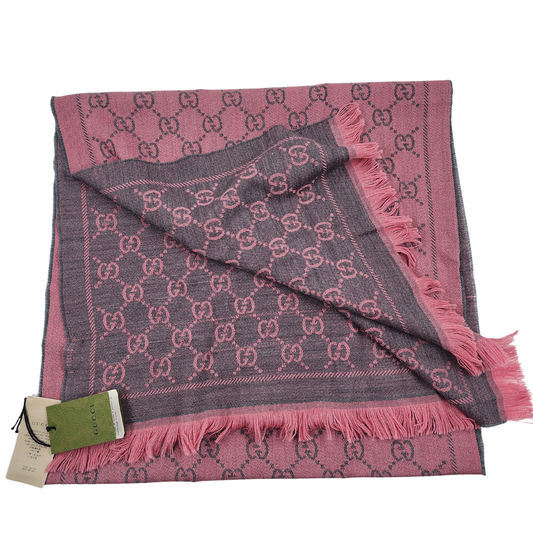 GUCCI Lana Wool Jacquard Monogram Fringe Scarf Graphite Pink - One Size